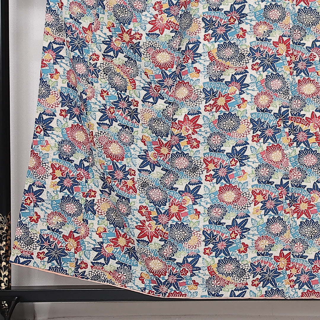アンティーク 京紅型 小紋 身丈154cm 裄丈64cm Aランク S 正絹 袷 広衿 ポップ 扇 菊 紅葉 青系 1215-12507