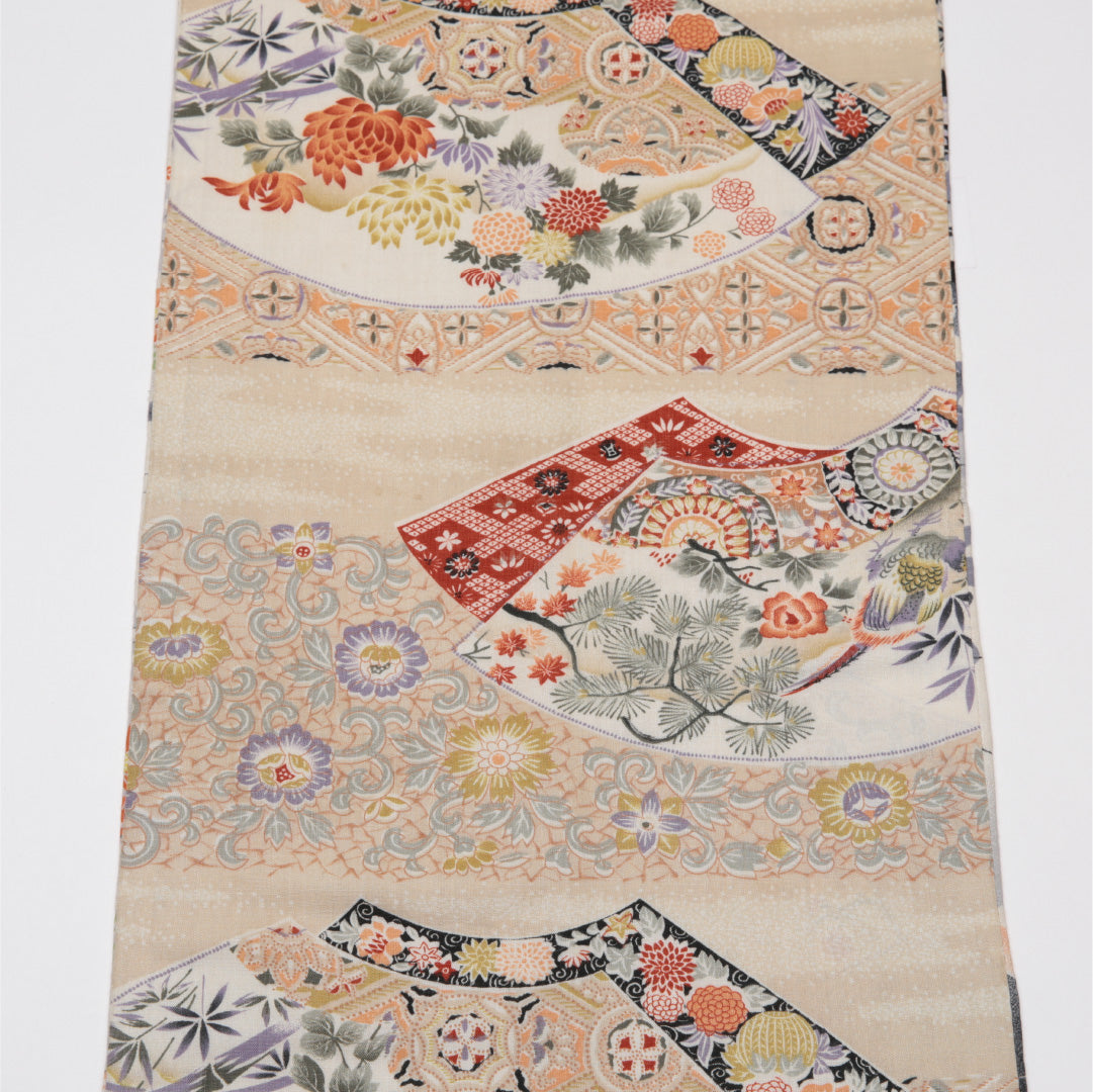 アンティーク 名古屋帯 帯丈360cm Aランク 開き仕立て 全通 木綿 檜扇 唐花 桜 リバーシブル セミフォーマル クリーム系 1224-01589