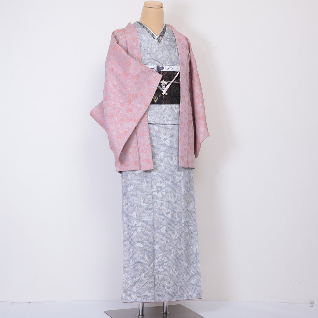 羽織 袷 身丈74cm 裄丈62cm 正絹 Bランク カジュアル Sサイズ 紐あり 花柄 ピンク系 HP 1232-05948