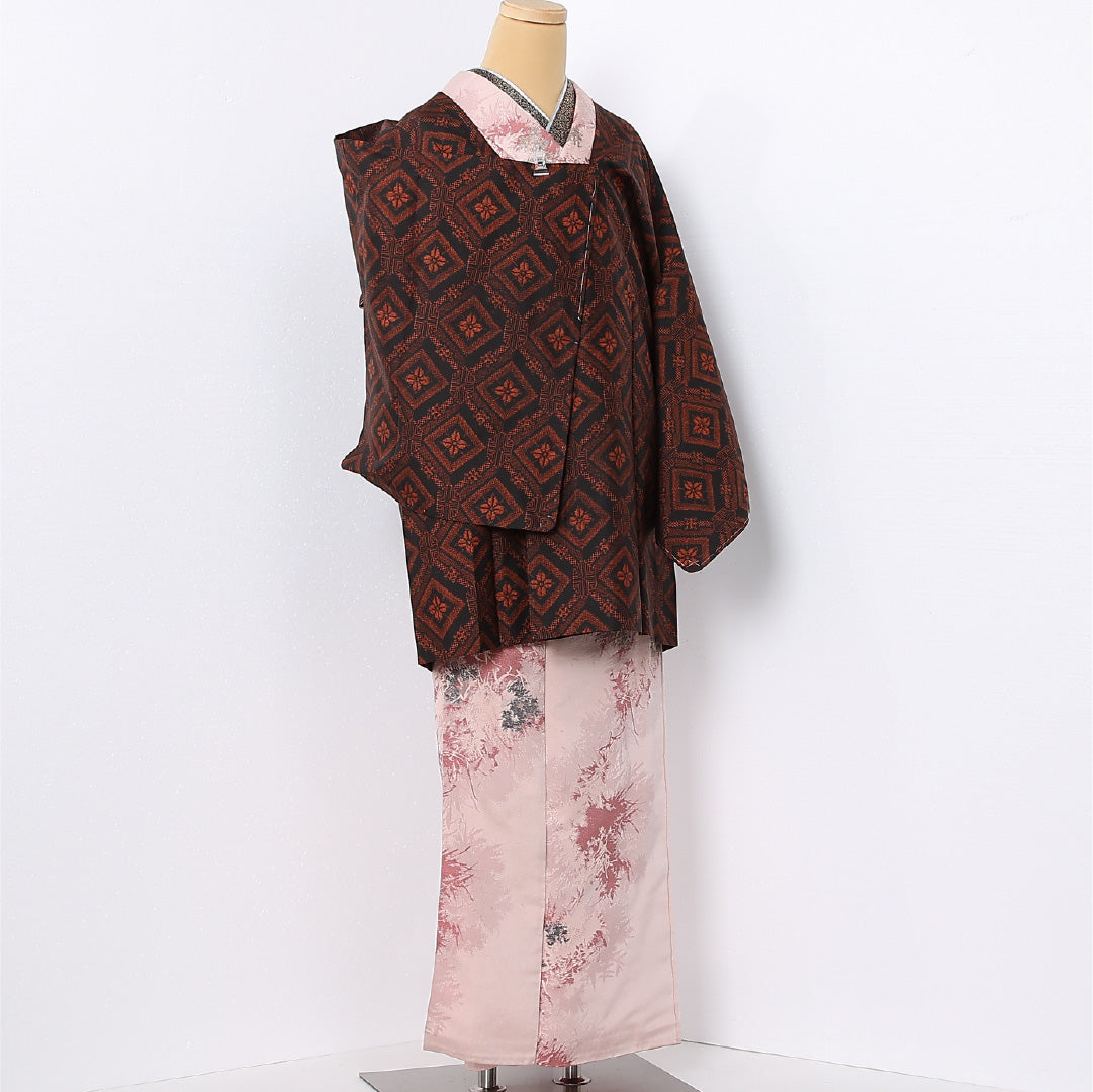 道行コート (大島紬) 袷 身丈85cm 裄丈66cm 正絹 Aランク インフォーマル Mサイズ 花菱 黒系 RP 1237-12707