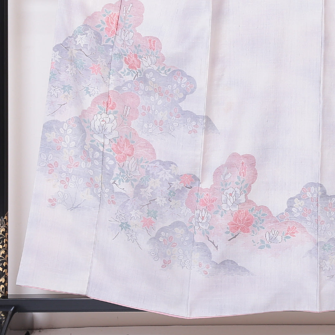 紬 袷 身丈157cm 裄63cm 正絹 白系 Bランク 訪問着 ぼかし 牡丹 紅葉 椿 片喰 一つ紋 1216-00741-4311