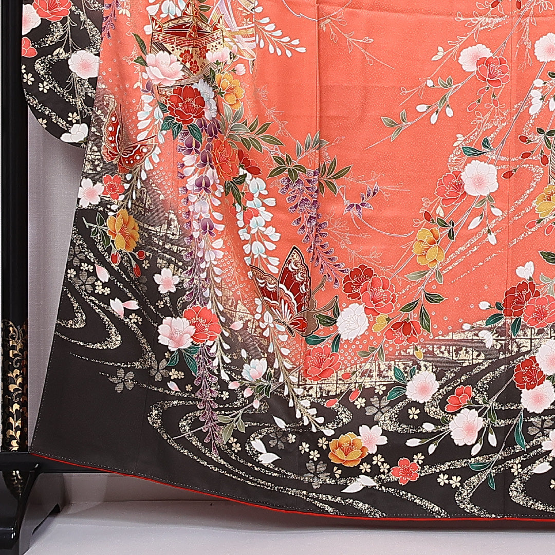 振袖 身丈161cm 裄丈67.5cm 袷 正絹 Sランク 広衿 三越 牡丹 蝶 金糸 1213-F0387