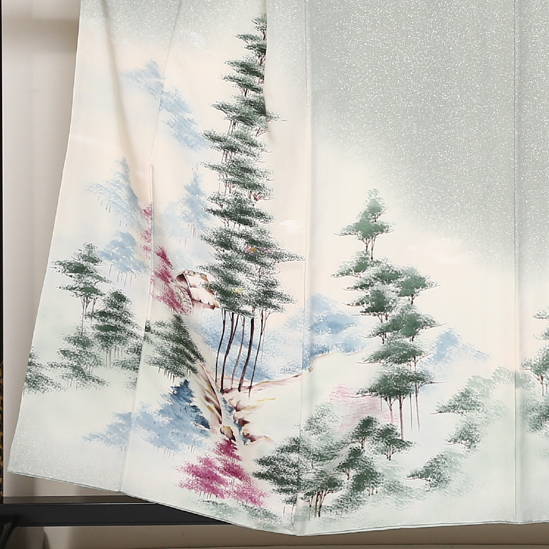 訪問着 袷 身丈155cm 裄丈65cm 正絹 Bランク セミフォーマル 広衿 Mサイズ 風景柄 緑系 HP 1217-04424