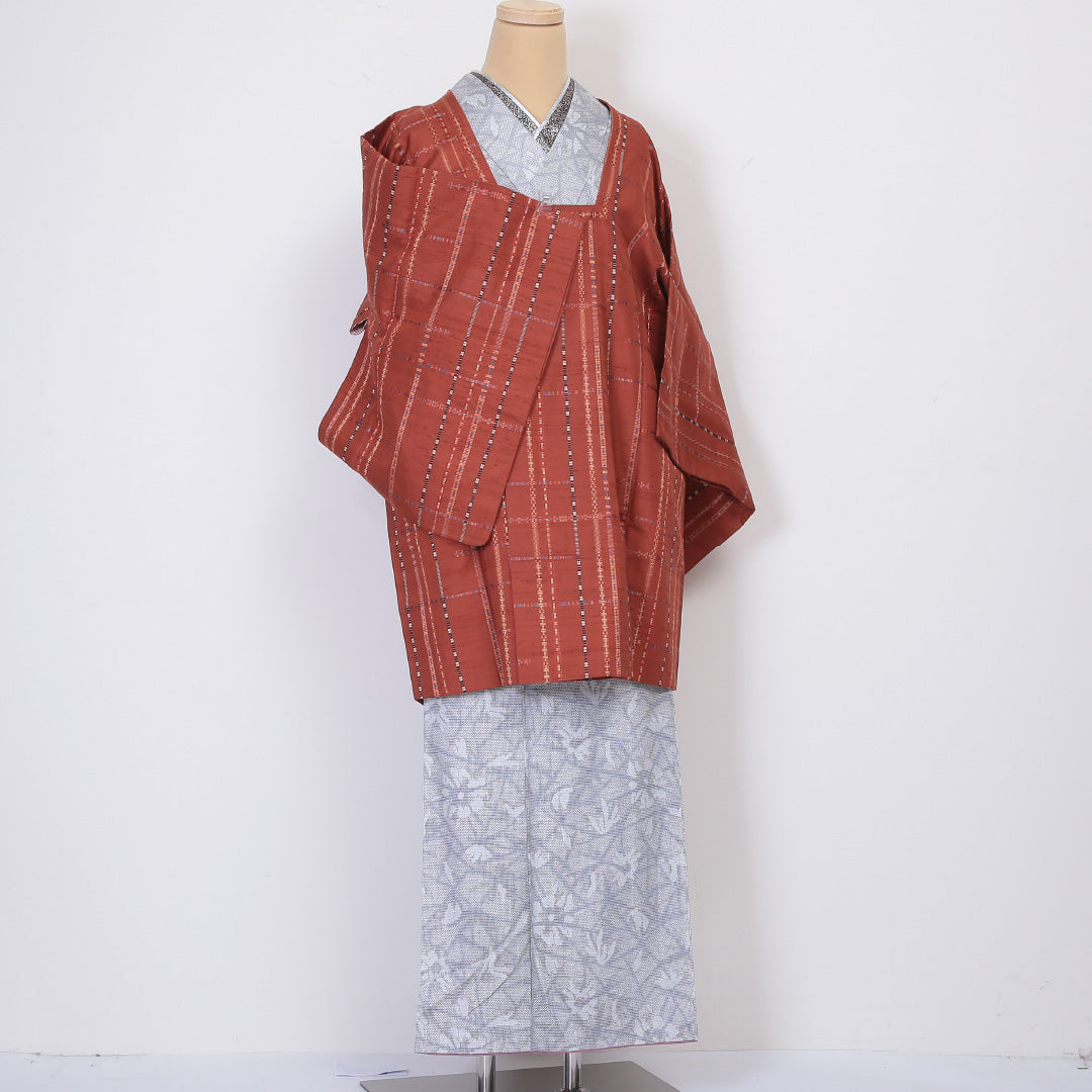道行コート 袷 身丈87cm 裄65cm 正絹 紬 Sランク 茶系 1217-00503