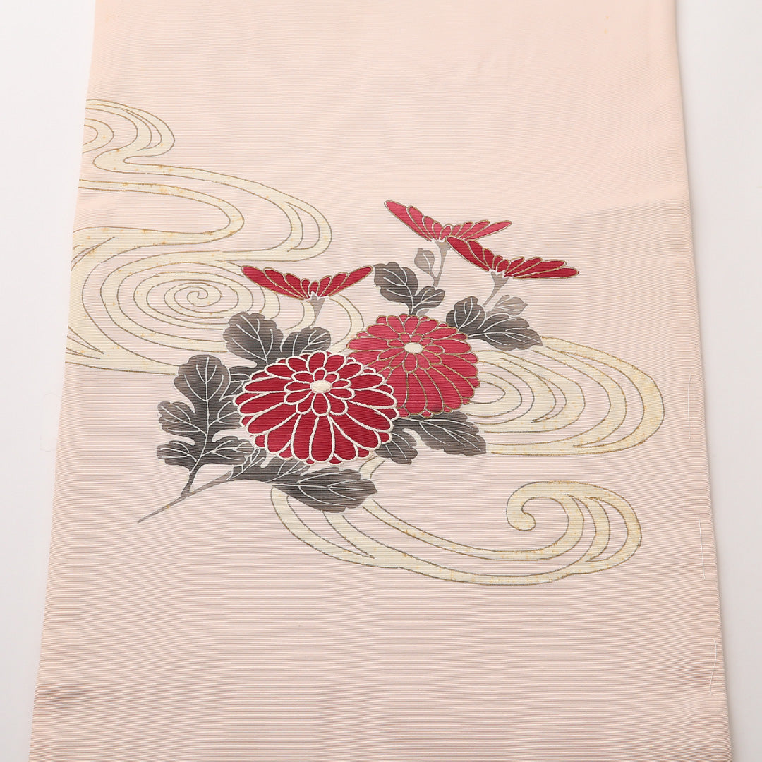 名古屋帯 ポイント柄 帯丈366cm カジュアル Cランク 正絹 塩瀬 菊 ピンク系 1224-02435