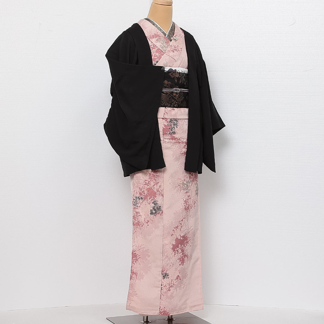 アンティーク 黒羽織 袷 身丈71cm 裄丈64cm 正絹 Cランク 一つ紋 (五三桐) Mサイズ 亀甲 植物柄 黒系 RP 1233-13842