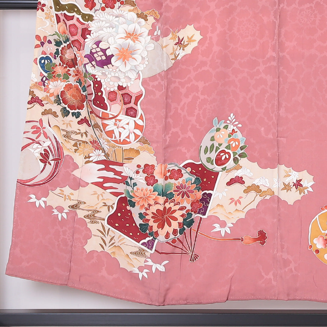 アンティーク 訪問着 (錦紗) 袷 身丈151cm 裄丈63cm 正絹 Aランク 紋意匠 (吉祥文様) 広衿 Sサイズ 花柄 吉祥文様 ピンク系 RP 1217-04501