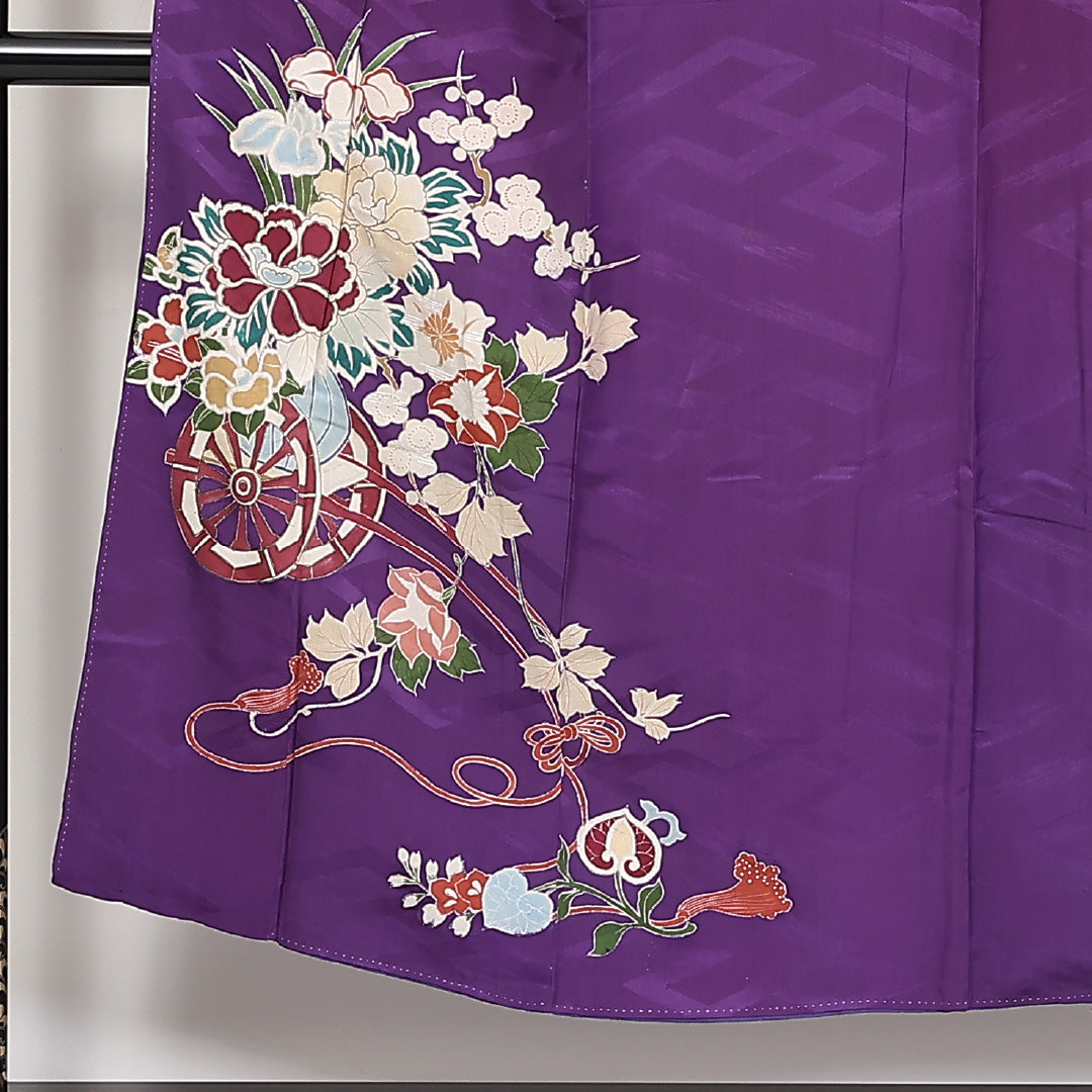 アンティーク 訪問着 (錦紗) 袷 身丈147cm 裄丈61cm 正絹 Cランク 一つ紋 (五三桐) 紋意匠 (紗綾型) バチ衿 XSサイズ 花車 橘 紫系 PO 1217-04628