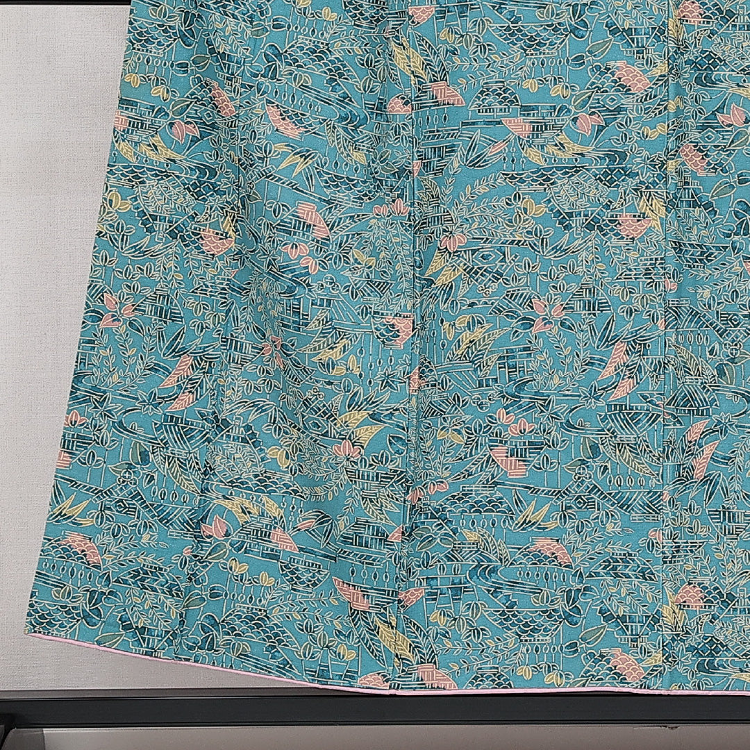小紋 袷 身丈152cm 裄丈61cm 正絹 Aランク インフォーマル 広衿 Sサイズ 植物柄 水色系 RP 1221-14552