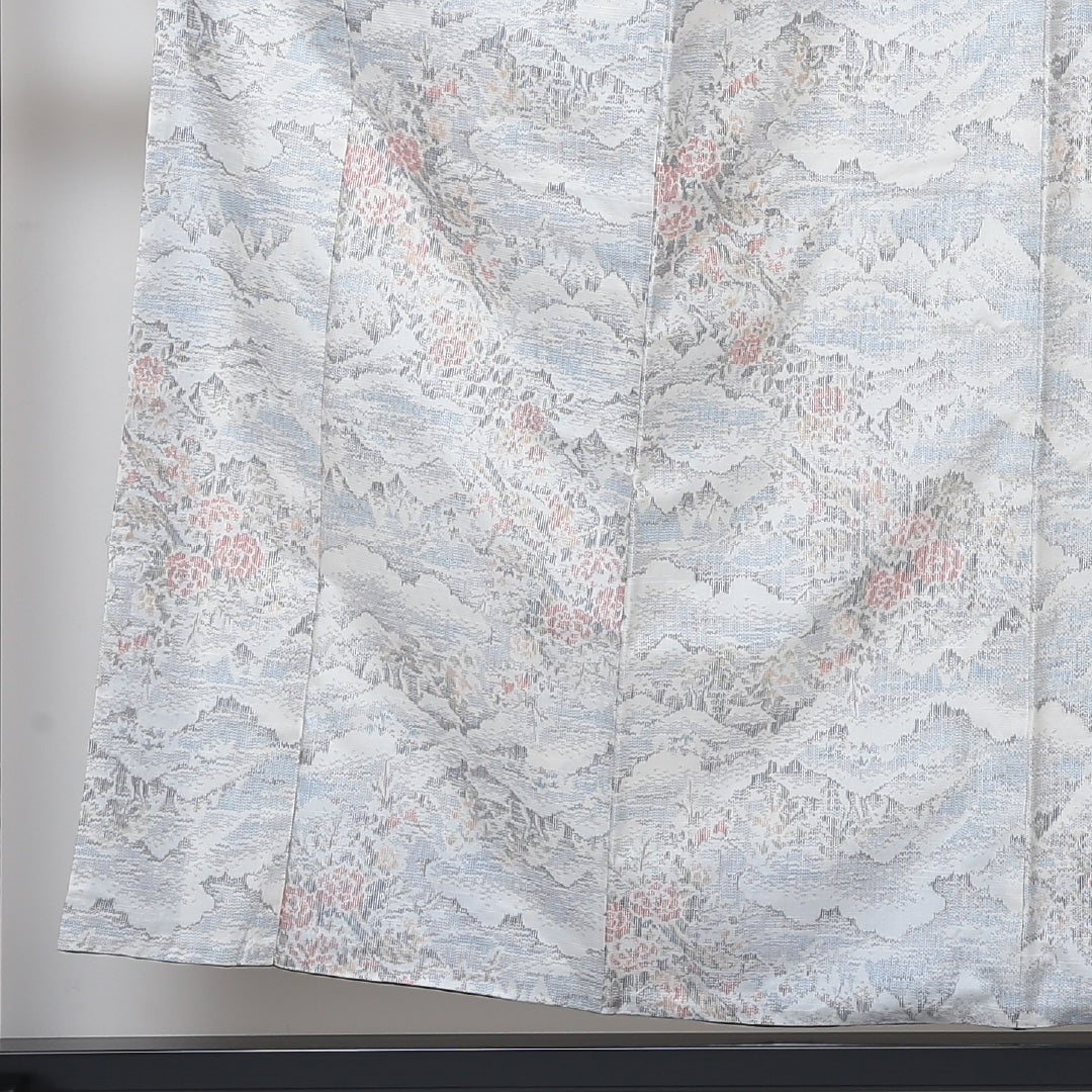 紬 袷 身丈156cm 裄61cm 正絹 白系 Sランク 真綿紬 花柄 山 雲取 1216-00572-2311 1216-00572