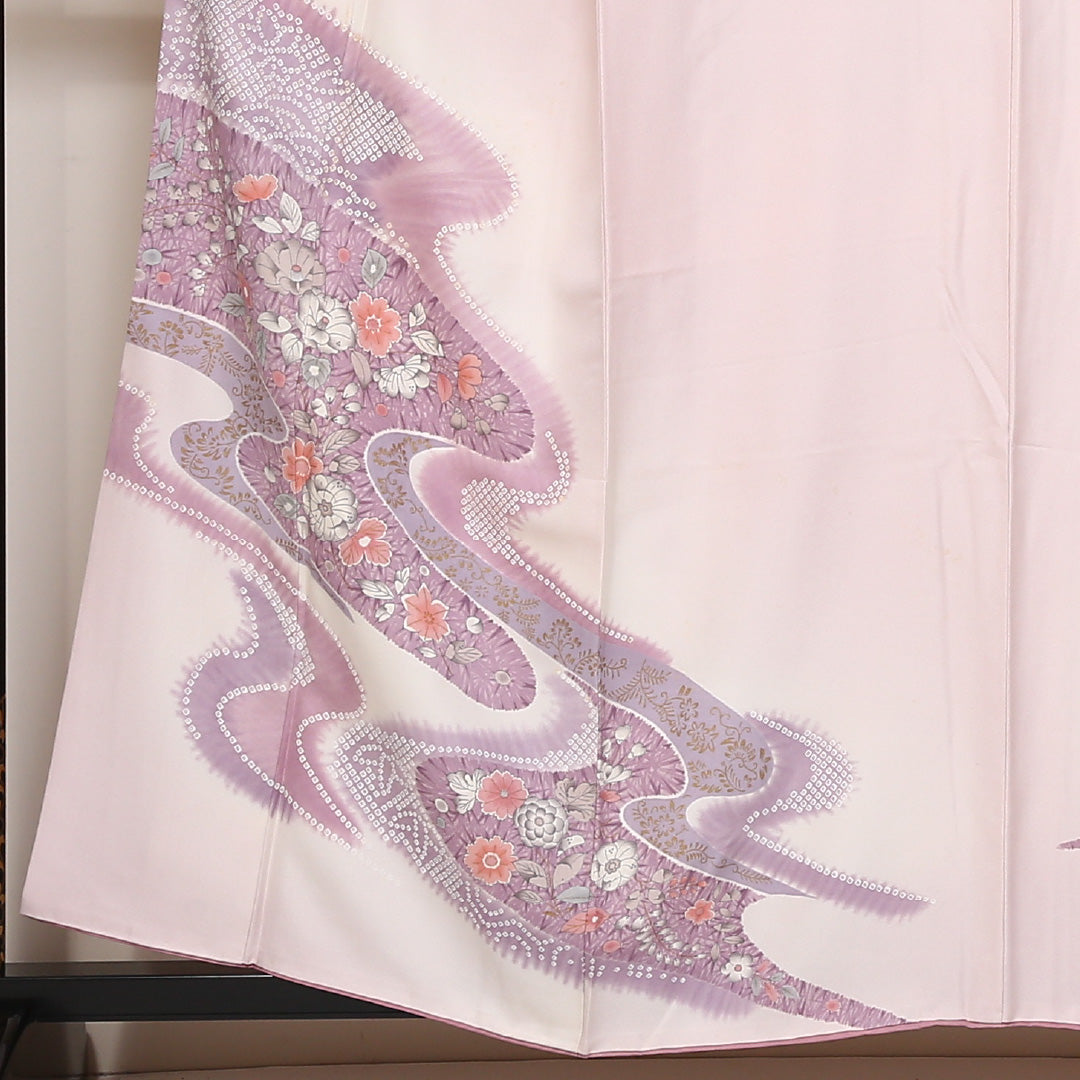 訪問着 袷 身丈157cm 裄丈63cm 正絹 Bランク セミフォーマル 広衿 Mサイズ 辻が花風 金彩 流水 花柄 吉祥文様 ピンク系 HP 1217-04416