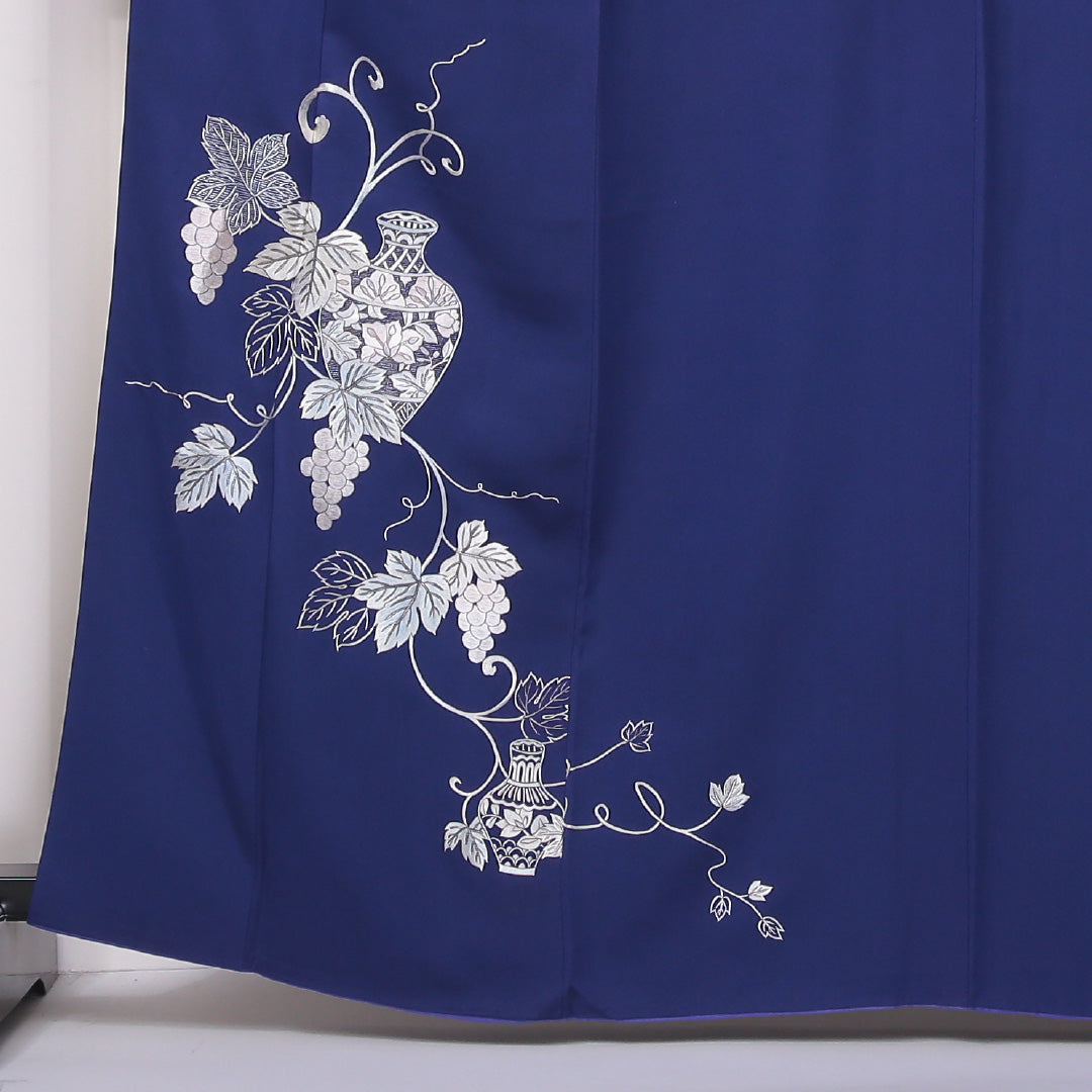 訪問着 袷 身丈160~164cm 裄62cm 正絹 葡萄 壺 蘇州刺繡 鉄紺 青系 Aランク 1212-00614