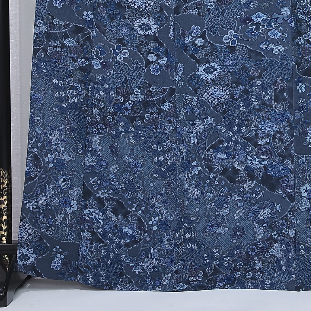 小紋 身丈164cm 裄丈64.5cm Sランク L 正絹 単衣 広衿 エレガント 藍型 ちりめん 橘 菊 桜 カジュアル 紺系 1215-12314