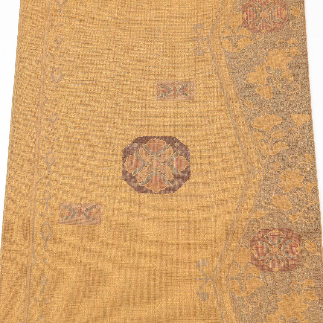 袋帯(紬) 帯丈428cm 正絹 六通 染め帯 カジュアル 花菱 黄系 1243-01252