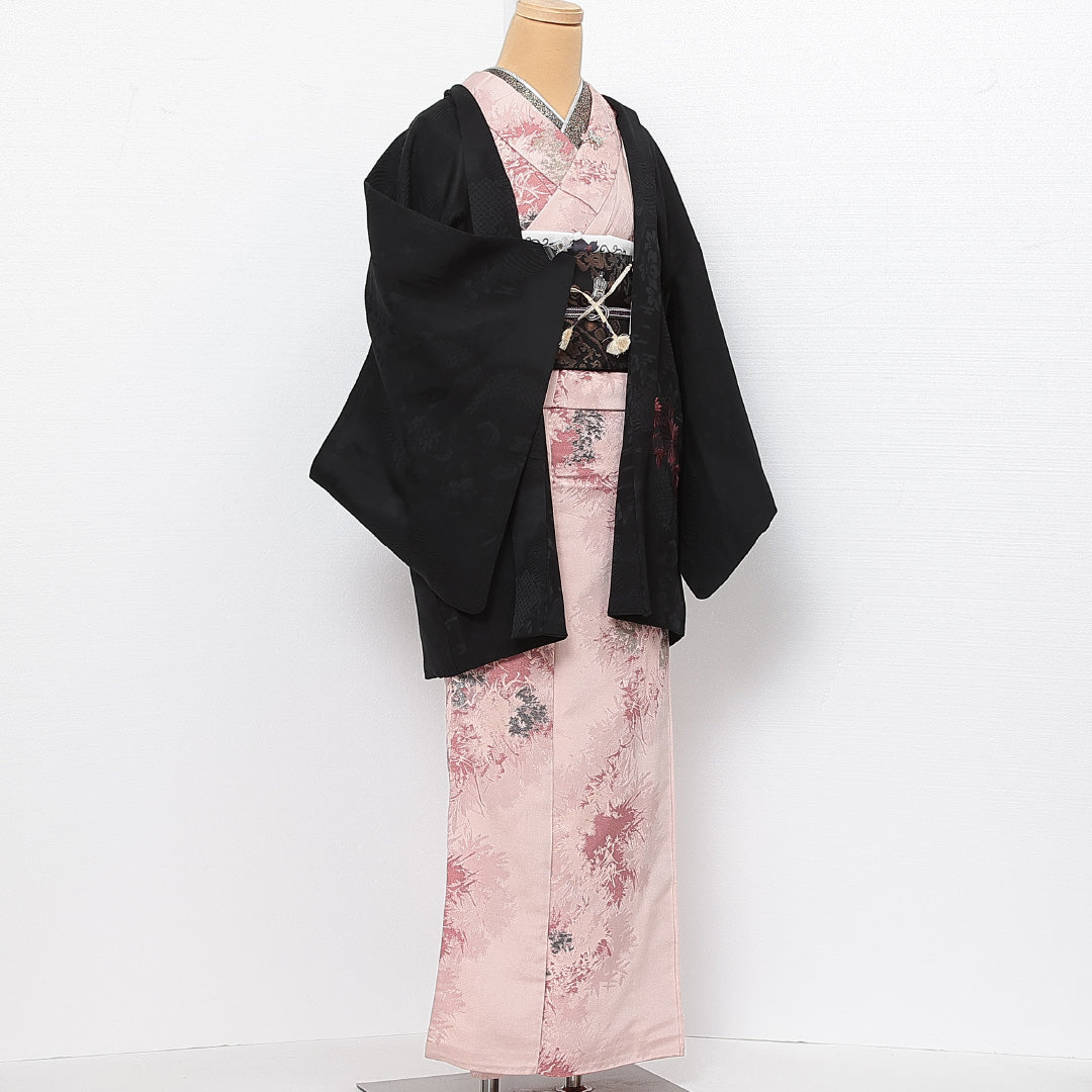 黒羽織 袷 身丈775cm 裄丈64cm 正絹 Aランク インフォーマル Mサイズ 刺繍 紐あり 菊 黒系 RP 1233-13744