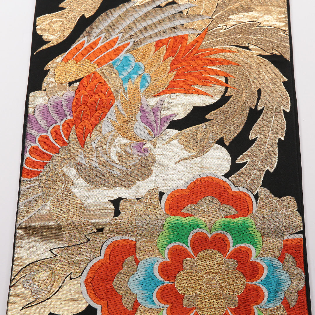 振袖用 袋帯 帯丈418cm 正絹 六通 唐織 宝相華 花鳥文 黒系 1243-01460