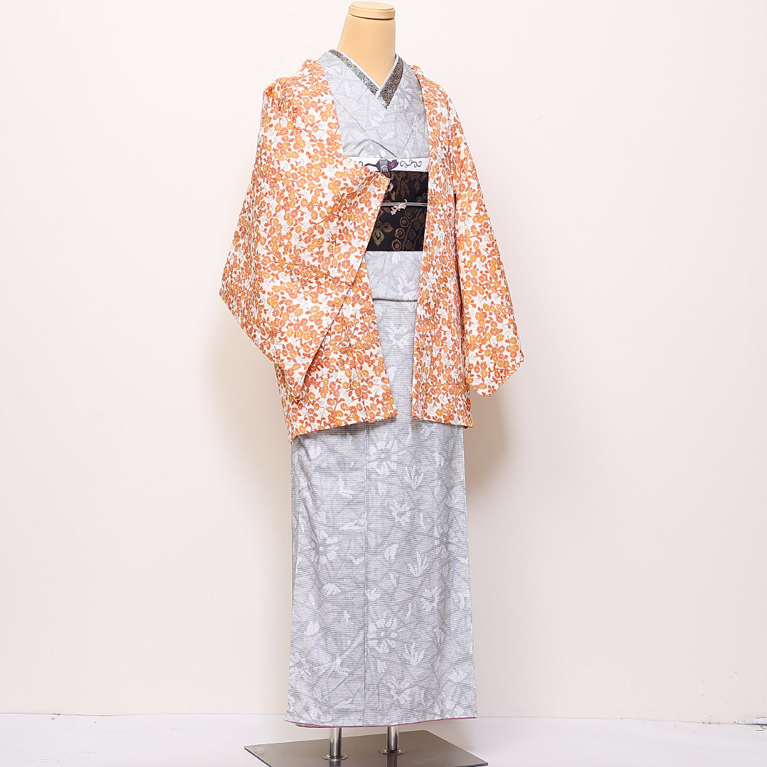 羽織 身丈76cm 裄丈63cm S 正絹 菊 朱系 Sランク 1217-00870