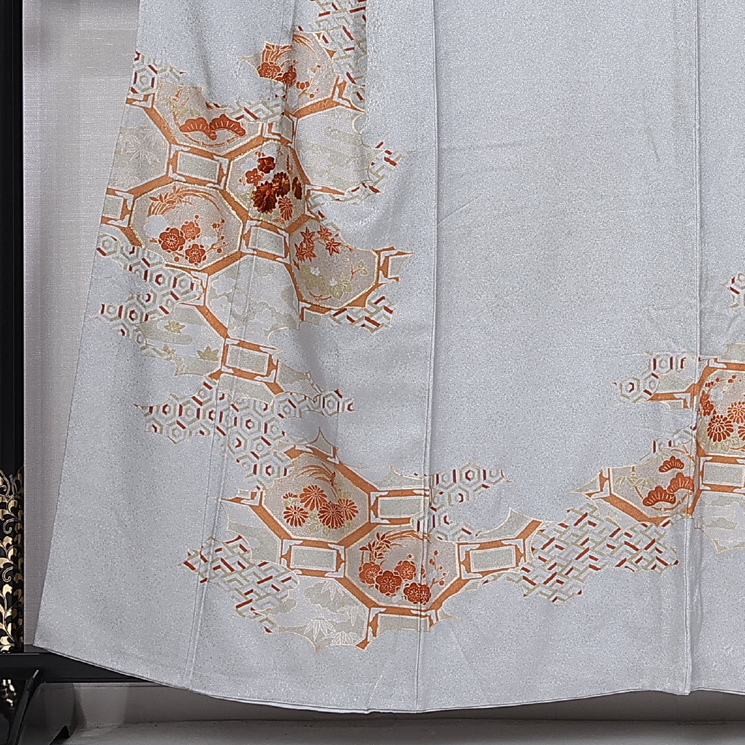 訪問着 身丈157.5cm 裄丈64.5cm 正絹 Bランク 袷 広衿 蜀江 金駒刺繡 吉祥文様 1212-10414