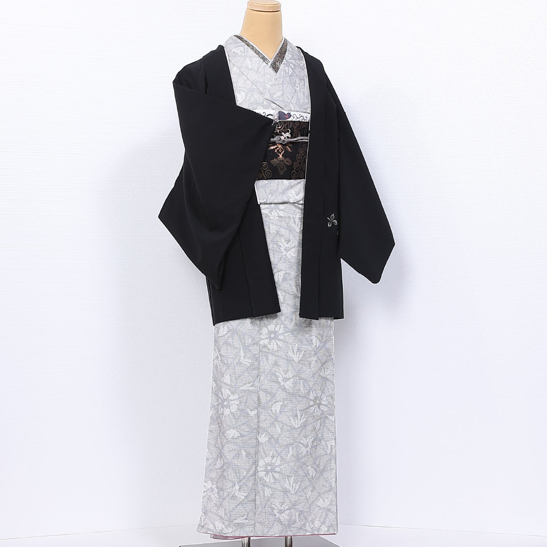 黒羽織 袷 身丈79cm 裄丈62cm 正絹 Sランク インフォーマル Sサイズ 刺繍 植物柄 黒系 RP 1233-11086