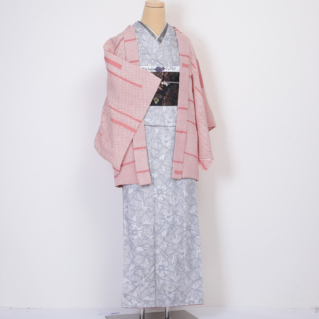 羽織 身丈72cm 裄丈62cm S 正絹 菱形 レトロ 白系 Bランク 1217-00502