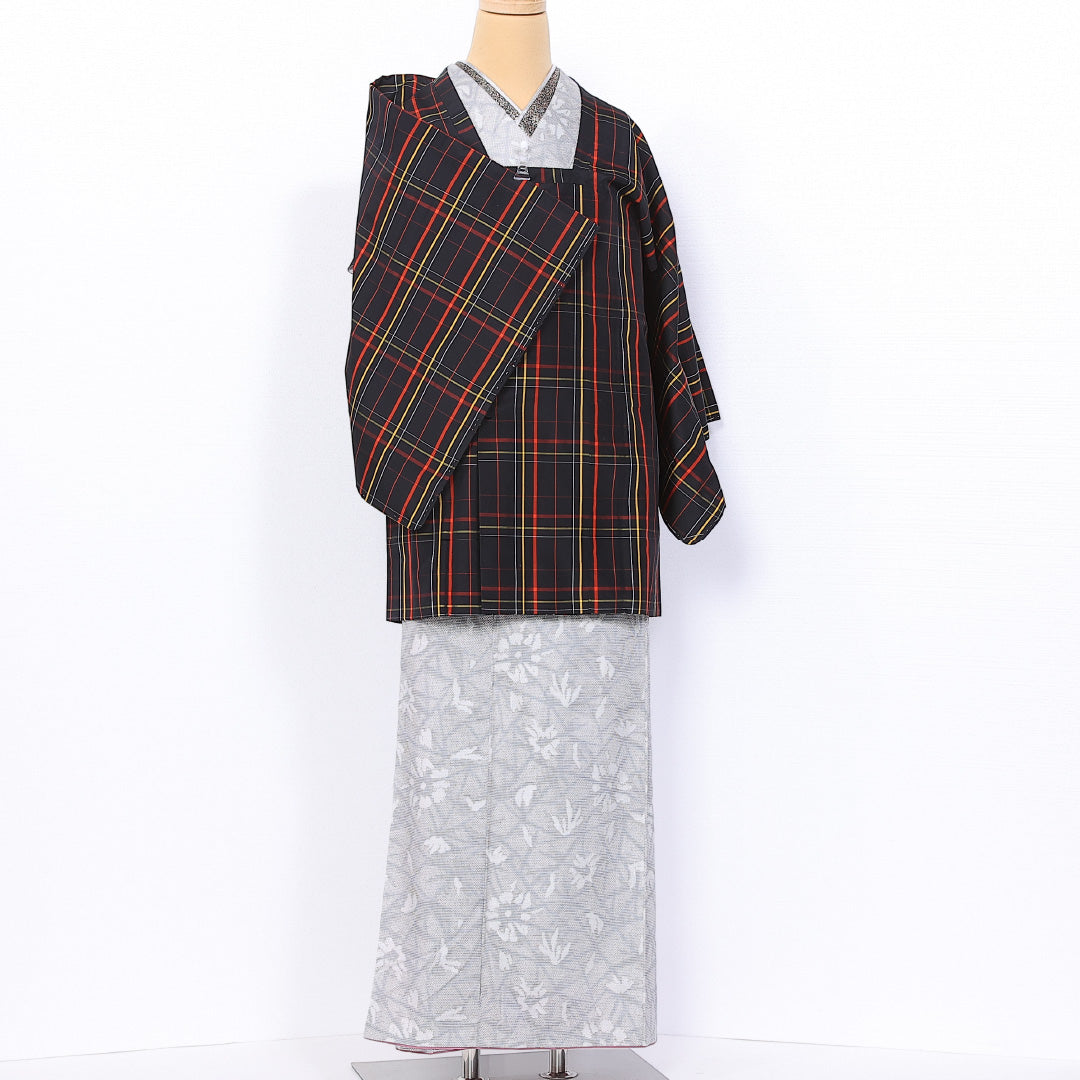 道行コート 身丈81cm 裄丈63cm S 正絹 Sランク 袷 紬 ポケットあり 格子 1263-10782