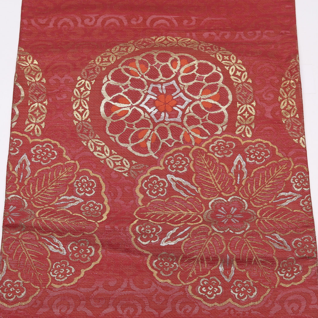 アンティーク 名古屋帯 帯丈326cm Aランク 名古屋仕立て ポイント柄 正絹 宝相華 セミフォーマル 赤系 1224-01462