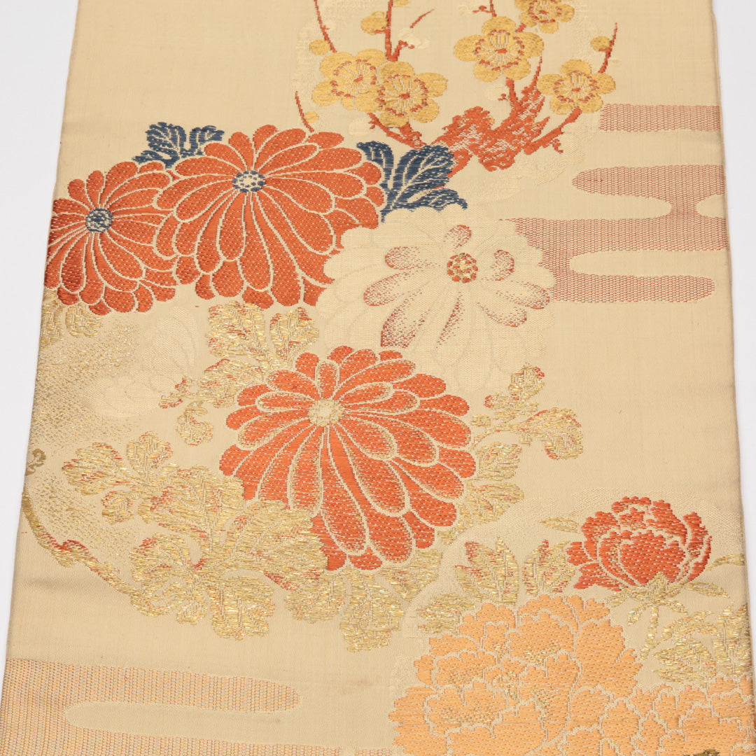 アンティーク 名古屋帯 帯丈339cm Cランク 名古屋仕立て ポイント柄 正絹 雪輪 菊 エ霞 セミフォーマル クリーム系 1224-01535