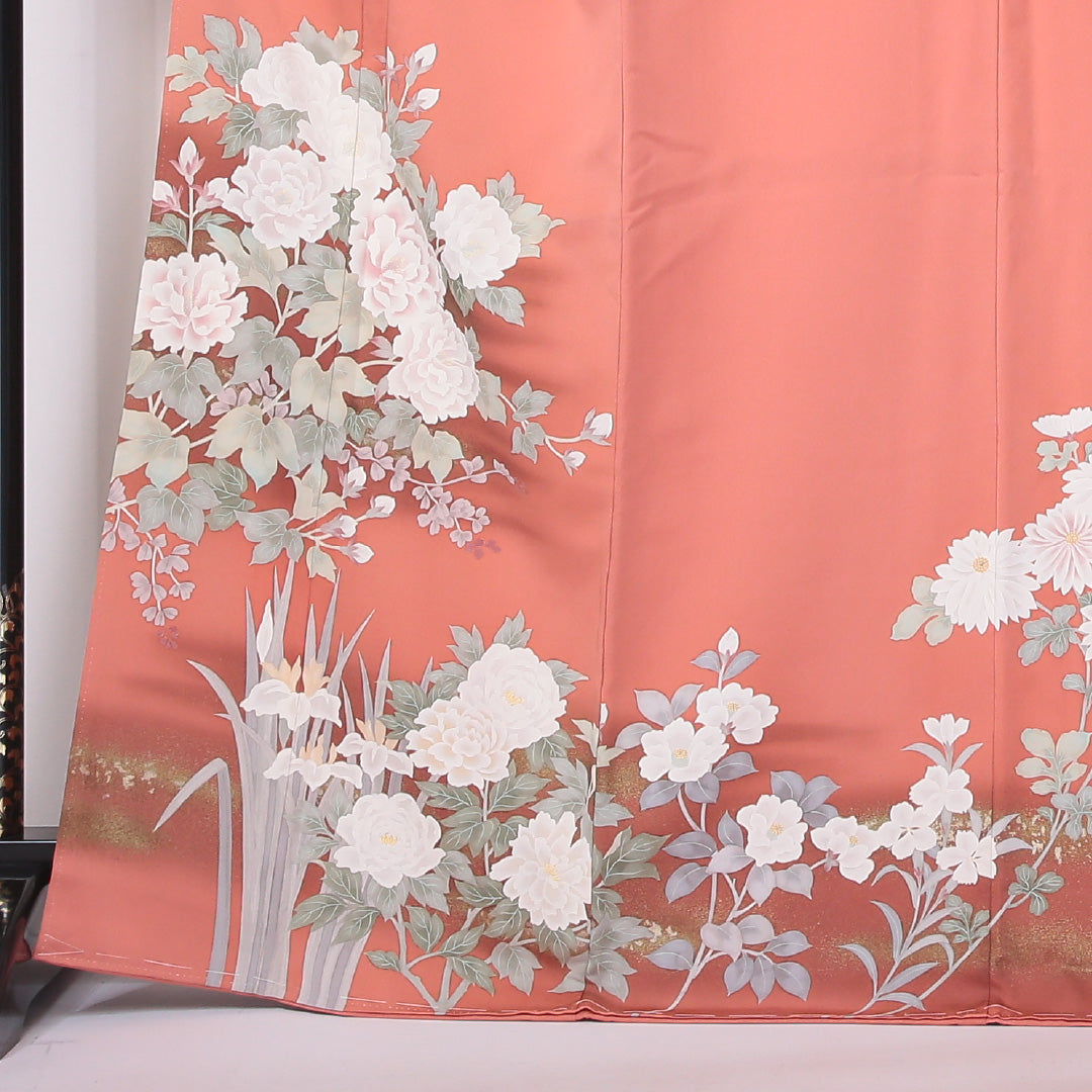 未使用品 色留袖 三つ紋 丸に立ち沢瀉 身丈168cm 裄丈66cm Nランク 正絹 袷 広衿 XL 落款 しつけ糸 金彩 牡丹 セミフォーマル 朱系 1211-F0271