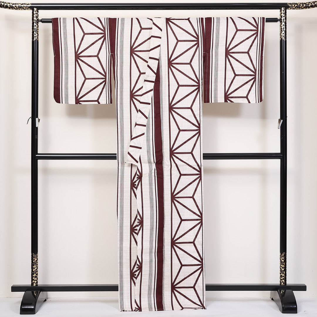 新品 浴衣 綿麻 身丈163cm 裄丈67cm 洗える着物 麻の葉 茶系 Nランク 1218-00049