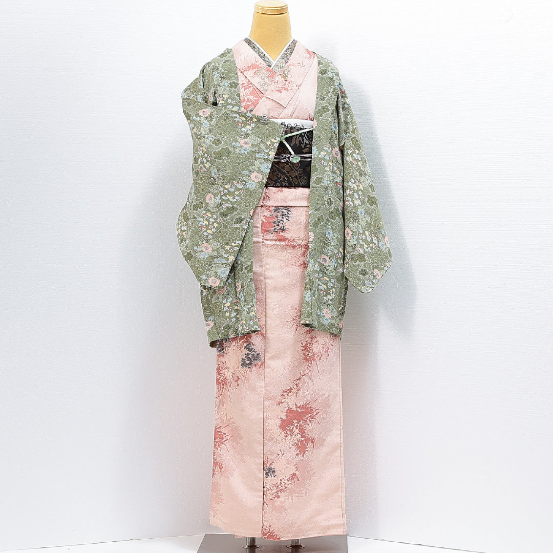 羽織 袷 身丈81cm 裄丈63cm 正絹 Sランク カジュアル Sサイズ 紐あり 松竹梅 緑系 RP 1232-14840