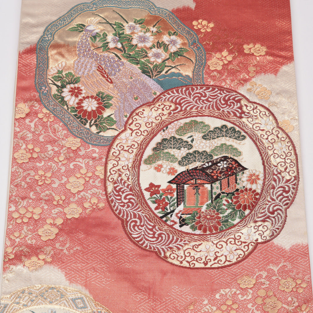 袋帯 帯丈428cm 正絹 六通 鏡裏花鳥文 フォーマル 鏡裏文 花鳥文 ピンク系 1243-01137