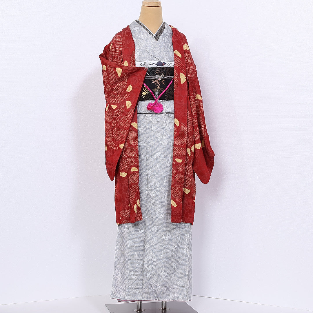 アンティーク 羽織 袷 身丈98cm 裄丈61cm 正絹 Cランク 紋意匠 (吉祥文様) Sサイズ 絞り 紐あり 花柄 赤系 PO 1232-10243