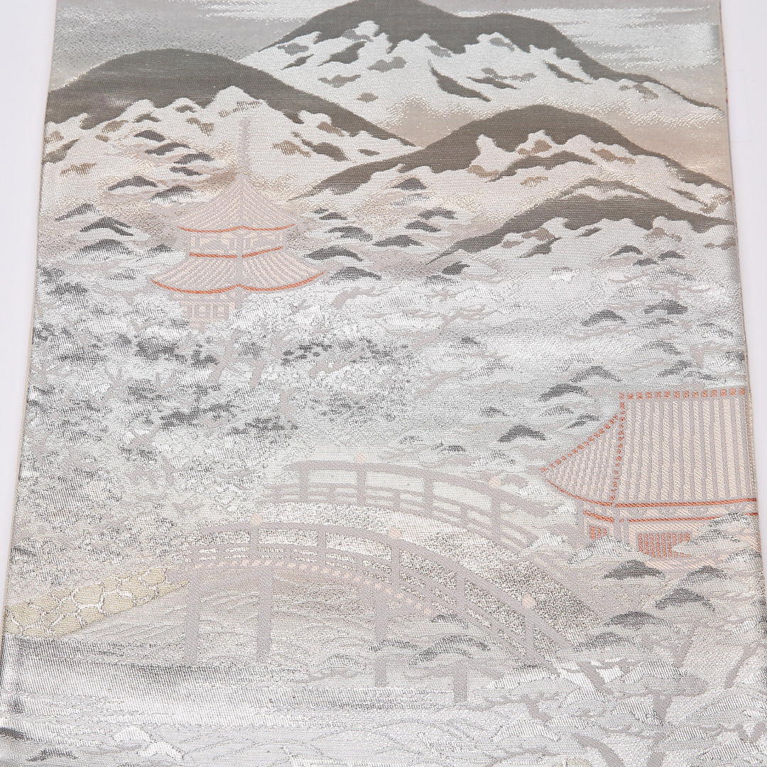 袋帯 帯丈432cm 六通 京洛百景 フォーマル セミフォーマル 緑系 正絹 Aランク 1223-01088