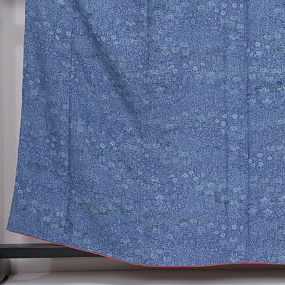 洗える着物 小紋 袷 身丈157cm 裄丈62cm ポリエステル Cランク インフォーマル バチ衿 Mサイズ 茶屋辻 花柄 紅葉 青系 LP 1221-12047