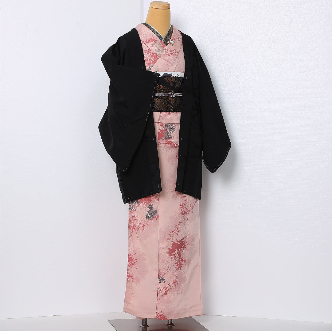 黒羽織 袷 身丈82cm 裄丈63cm 正絹 Aランク 一つ紋 (蔦) セミフォーマル Sサイズ 流水 紅葉 黒系 RP 1233-12929