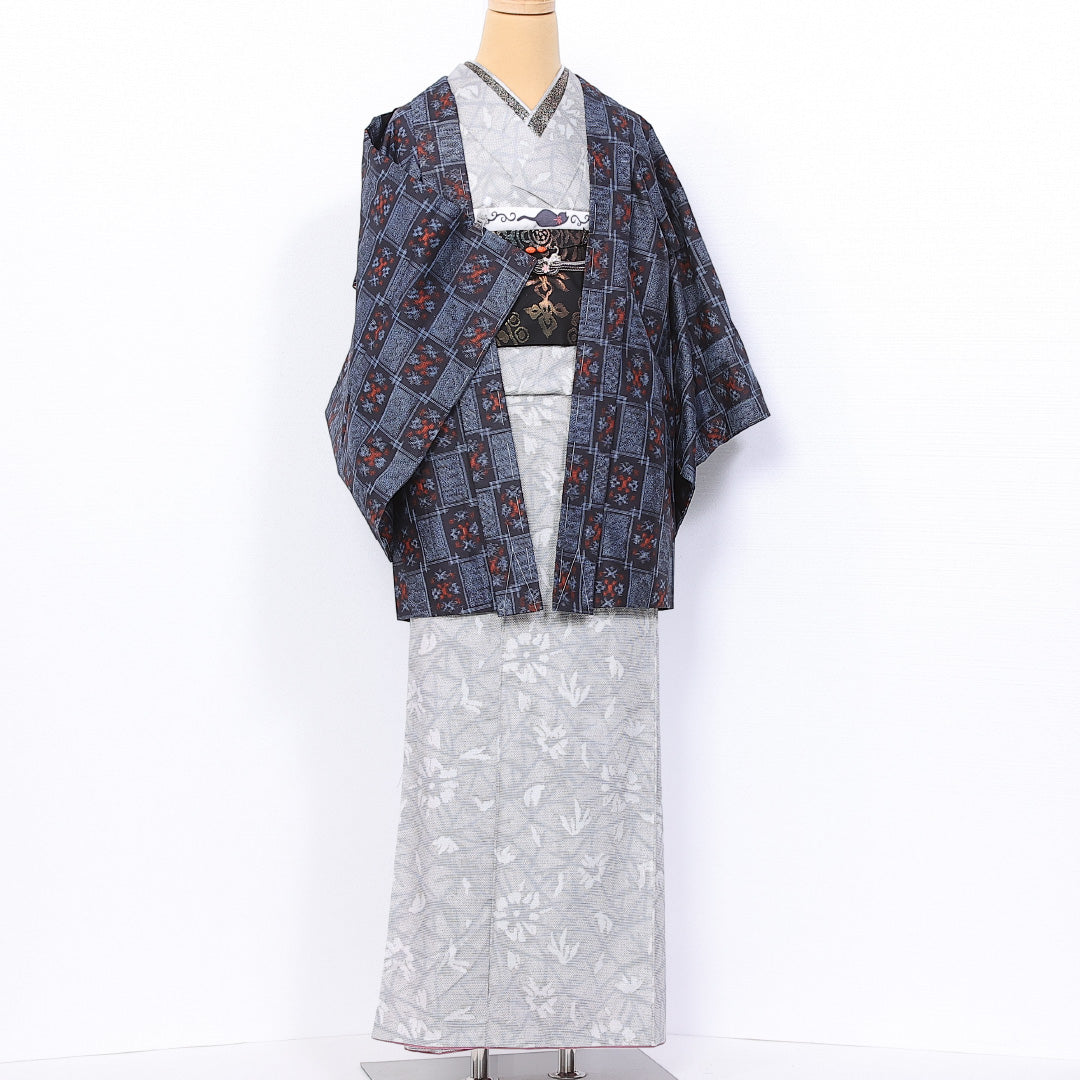 羽織 (大島紬) 袷 身丈79cm 裄丈65cm 正絹 Aランク インフォーマル Mサイズ 紐あり 井絣 青系 RP 1232-10780