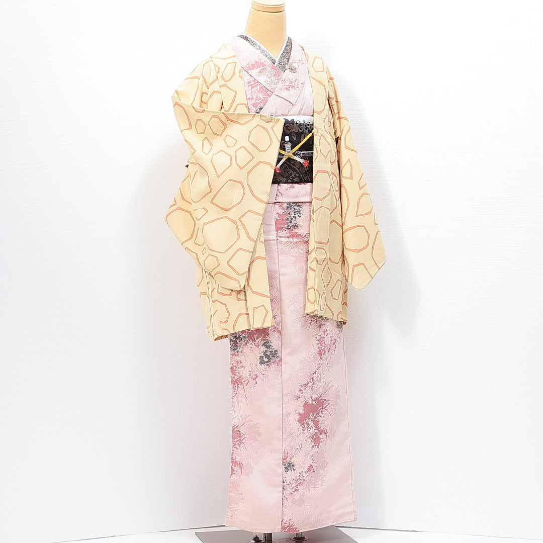 羽織 袷 身丈81cm 裄丈64cm 正絹 Aランク Mサイズ カジュアル 紐あり 創作柄 黄系 1217-14814