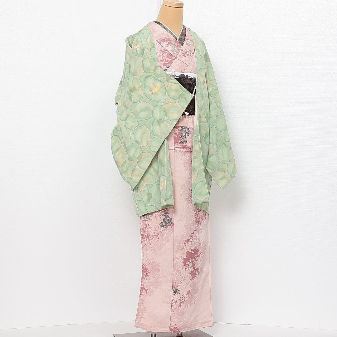 羽織 袷 身丈84cm 裄丈66cm 正絹 Sランク カジュアル Mサイズ 紐あり 花柄 緑系 RP 1232-13884