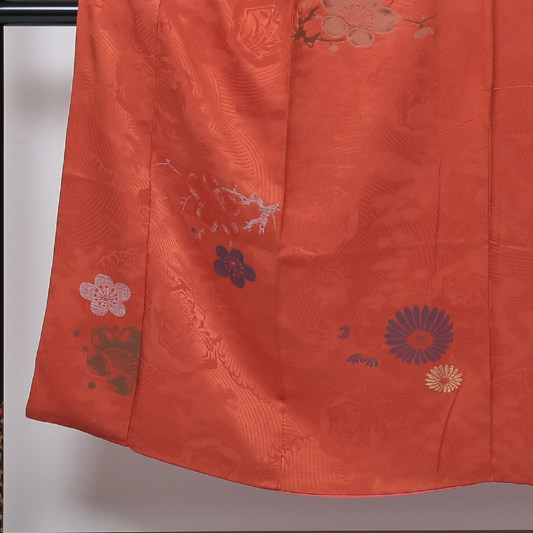 アンティーク 小紋 袷 身丈148cm 裄64.5cm 朱系 花柄 正絹 Bランク 1215-01500-4116