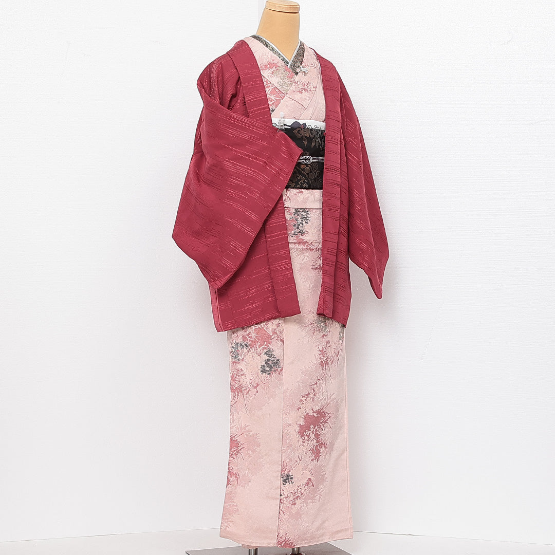 羽織 袷 身丈80cm 裄丈65cm 正絹 Sランク カジュアル Mサイズ 織り出し 幾何学柄 ピンク系 RP 1232-13905