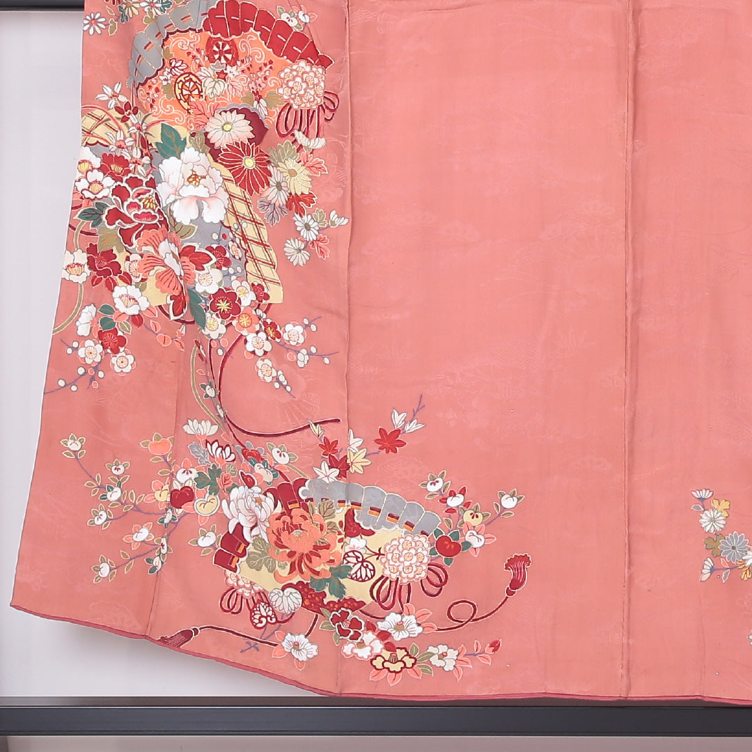 アンティーク 訪問着 袷 145 ~ 154cm 身丈150~154cm 正絹 牡丹 梅や菊 ピンク系 Aランク 1212-00530