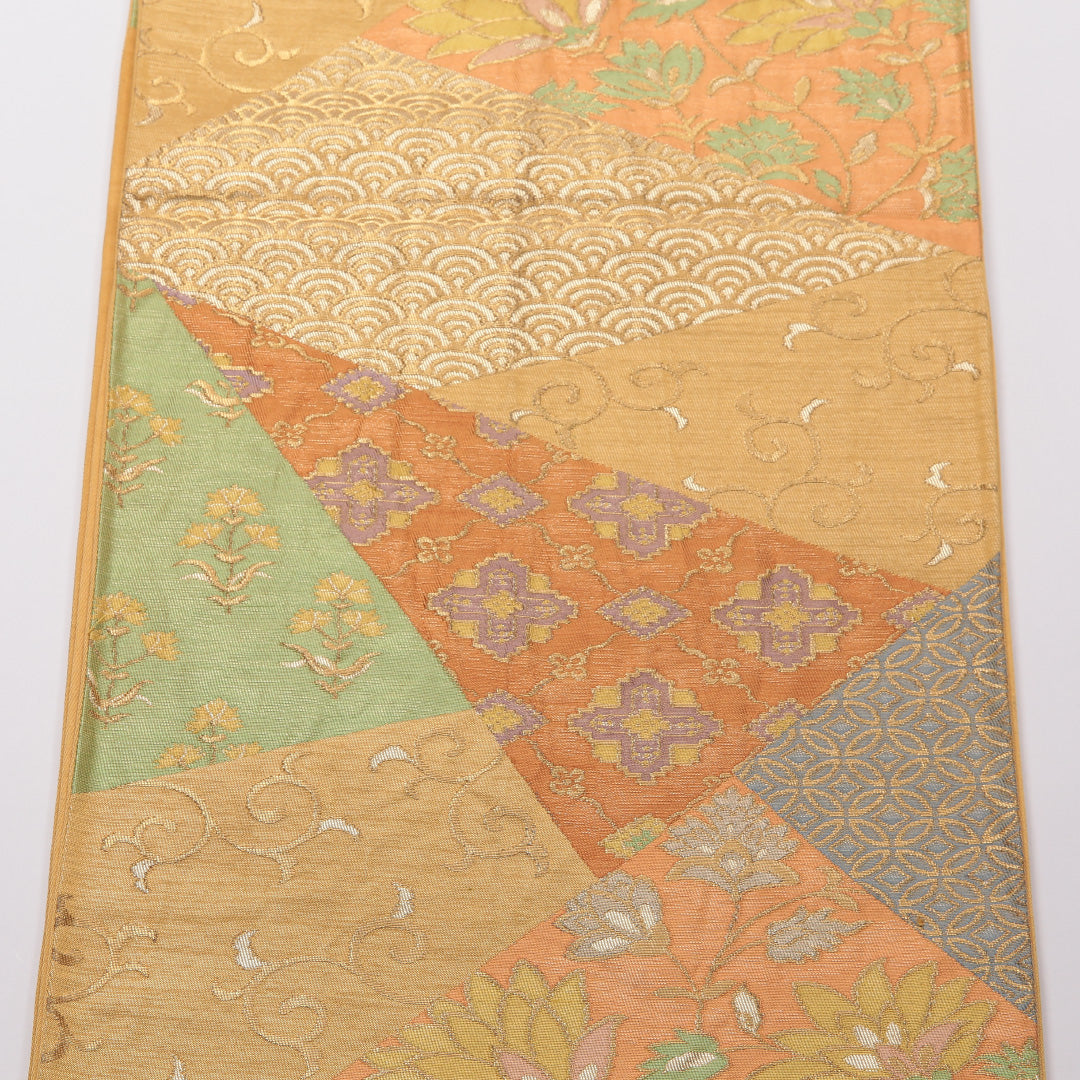袋帯 帯丈414cm Aランク 六通 正絹 吉祥文様 唐草 花菱 青海波 カジュアル 黄系 1223-01411