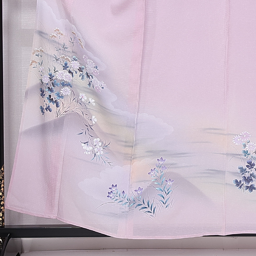 夏物 訪問着 絽 身丈147cm 裄丈55cm 正絹 Aランク セミフォーマル 広衿 XSサイズ 遠山 桔梗 撫子 ピンク系 M4 1217-11202