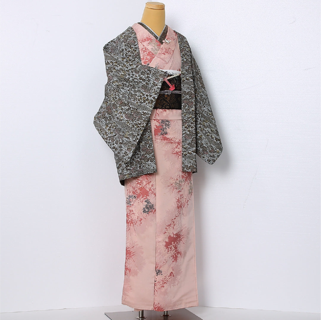 アンティーク 羽織 袷 身丈76cm 裄丈62cm 正絹 Aランク Sサイズ 紐あり 菊 楓 グレー系 M4 1232-12862