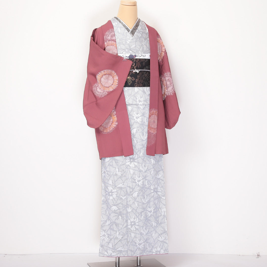 アンティーク 羽織 身丈80cm 裄丈63cm S 正絹 お召 漆糸 ピンク系 Bランク 1217-00790