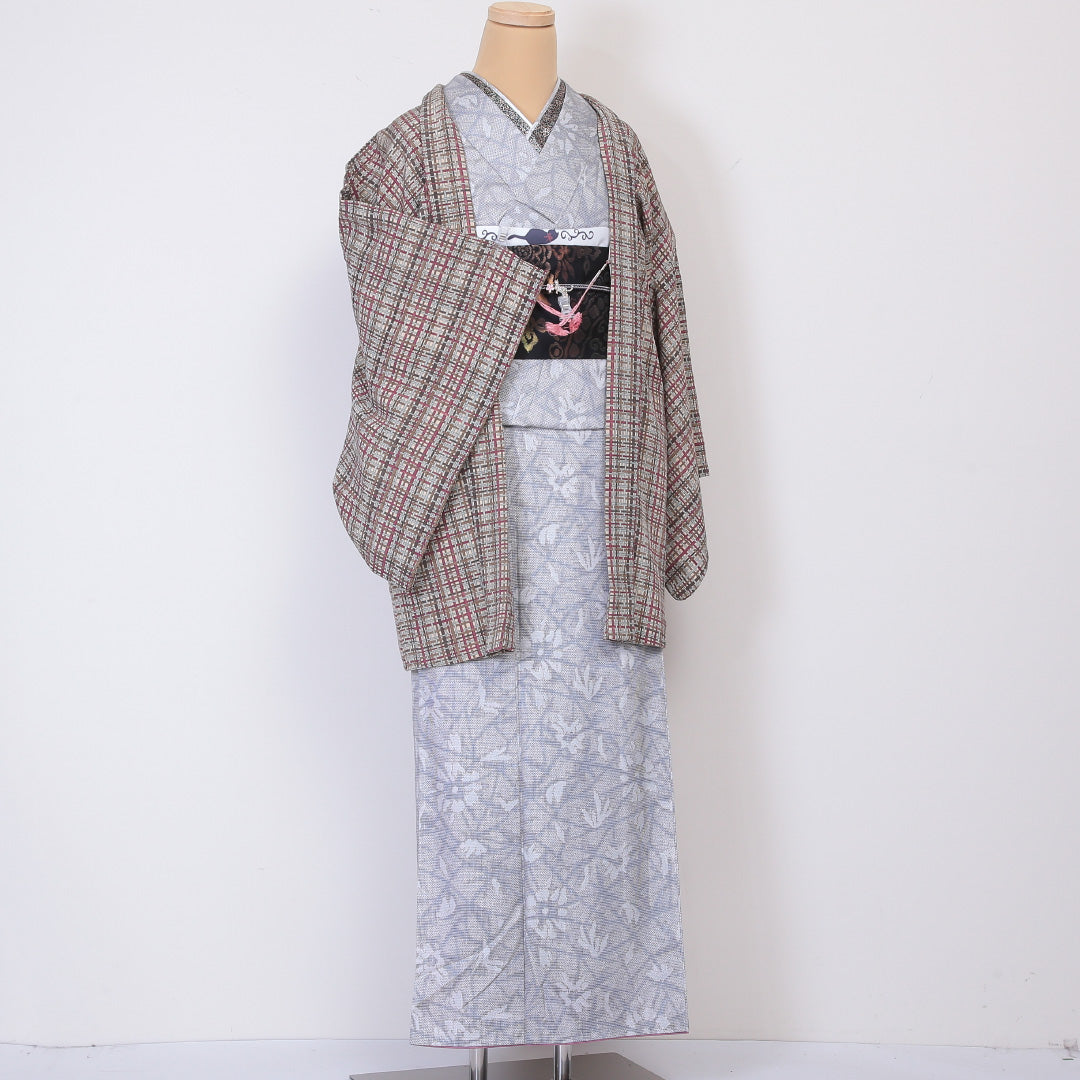 羽織 身丈81cm 裄丈66.5cm M 正絹 紐あり 格子 レトロ ベージュ系 Sランク 1217-00688