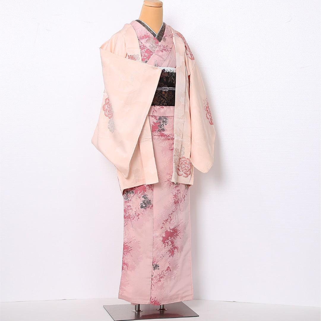 羽織 袷 身丈83cm 裄丈63cm 正絹 Cランク カジュアル Sサイズ 牡丹 ピンク系 HP 1232-12767