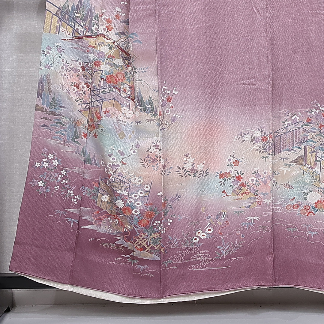 色留袖 身丈157cm 裄丈62.5cm 袷 三つ紋 丸に蔓柏 正絹 Bランク 広衿 比翼仕立て 笠松 御所解 観世水 紋意匠 1211-F0376