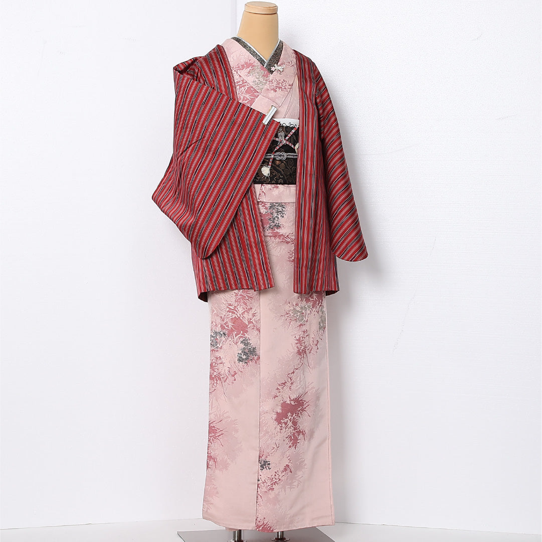 羽織 袷 身丈73cm 裄丈63cm 正絹 Sランク カジュアル Sサイズ 紐あり 縞 赤系 RP 1232-12869