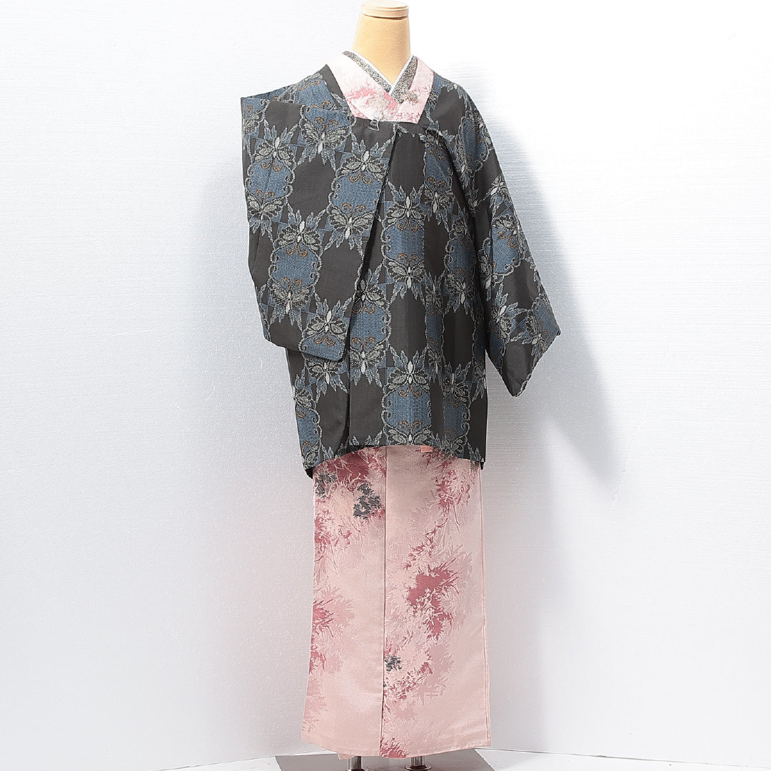 道行コート 袷 身丈83cm 裄丈63cm 正絹 Sランク セミフォーマル Sサイズ 蝶 市松 黒系 RP 1237-14668